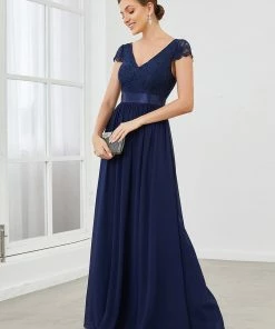 Ever-Pretty US Summer Dresses 2022 Elegant Lace V-Neck Short Sleeves Chiffon Mother Of The Bride Dress