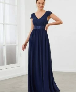 Ever-Pretty US Summer Dresses 2022 Elegant Lace V-Neck Short Sleeves Chiffon Mother Of The Bride Dress
