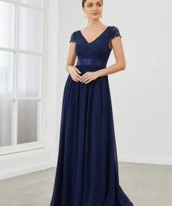 Ever-Pretty US Summer Dresses 2022 Elegant Lace V-Neck Short Sleeves Chiffon Mother Of The Bride Dress