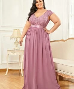 Ever-Pretty US Empire Waist A-Line Lace Cap Sleeve Chiffon Plus Size Mother Of The Bride Dress