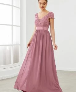 Ever-Pretty US Summer Dresses 2022 Elegant Lace V-Neck Short Sleeves Chiffon Mother Of The Bride Dress
