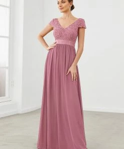Ever-Pretty US Summer Dresses 2022 Elegant Lace V-Neck Short Sleeves Chiffon Mother Of The Bride Dress