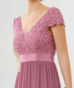 Ever-Pretty US Summer Dresses 2022 Elegant Lace V-Neck Short Sleeves Chiffon Mother Of The Bride Dress
