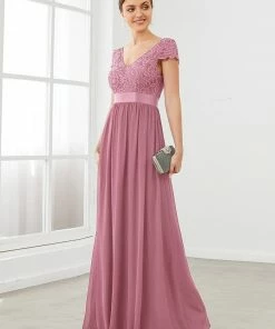 Ever-Pretty US Summer Dresses 2022 Elegant Lace V-Neck Short Sleeves Chiffon Mother Of The Bride Dress