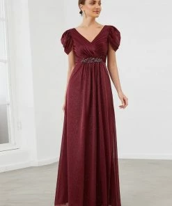 Ever-Pretty US A-Line Sheer Puffed Sleeve Belted Sweetheart Ruched Mother Of The Bride Dress