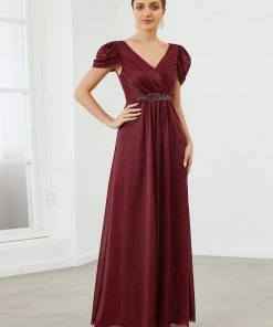 Ever-Pretty US A-Line Sheer Puffed Sleeve Belted Sweetheart Ruched Mother Of The Bride Dress