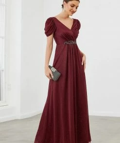 Ever-Pretty US A-Line Sheer Puffed Sleeve Belted Sweetheart Ruched Mother Of The Bride Dress