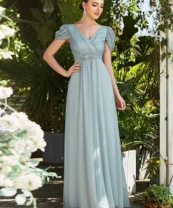 Ever-Pretty US A-Line Sheer Puffed Sleeve Belted Sweetheart Ruched Mother Of The Bride Dress