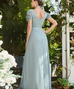 Ever-Pretty US A-Line Sheer Puffed Sleeve Belted Sweetheart Ruched Mother Of The Bride Dress