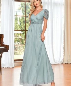 Ever-Pretty US A-Line Sheer Puffed Sleeve Belted Sweetheart Ruched Mother Of The Bride Dress