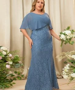 Ever-Pretty US Summer Dresses 2022 Plus Size Lace Fishtail Chiffon Coverup Mother Of The Bride Dress