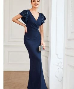 Ever-Pretty US Sequin Short Sleeve Ruched Bodycon Mother Of The Bride Dress Summer Dresses 2022