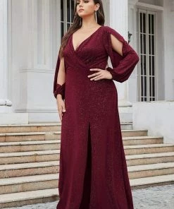 Ever-Pretty US Plus Size Lantern Sleeve V-Neck Floor-Length Mother Of The Bride Dress