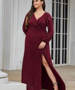 Ever-Pretty US Plus Size Lantern Sleeve V-Neck Floor-Length Mother Of The Bride Dress