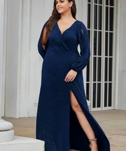 Ever-Pretty US Plus Size Lantern Sleeve V-Neck Floor-Length Mother Of The Bride Dress