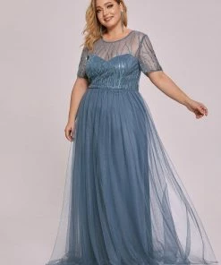 Ever-Pretty US Plus Size Sequin Maxi Tulle Mother Of The Bride Dress With Sleeves SHOP BY STYLE