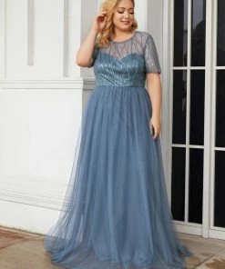 Ever-Pretty US Plus Size Sequin Maxi Tulle Mother Of The Bride Dress With Sleeves SHOP BY STYLE