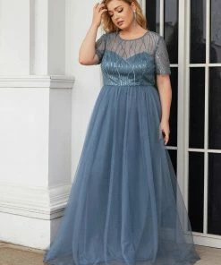 Ever-Pretty US Plus Size Sequin Maxi Tulle Mother Of The Bride Dress With Sleeves SHOP BY STYLE