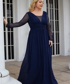 Ever-Pretty US Plus Size A-Line Pleated Long Sleeve Mother Of The Bride Dress