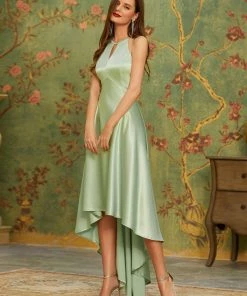 Ever-Pretty US Summer Dresses 2022 Custom Size Satin Halter Open Back High Low Prom Dress