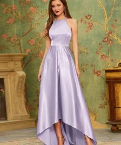 Ever-Pretty US SHOP BY OCCASION Romantic Satin Halter Neck High Low Pleated Prom Dress