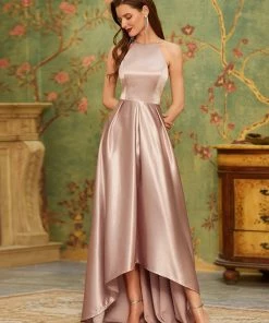 Ever-Pretty US SHOP BY OCCASION Romantic Satin Halter Neck High Low Pleated Prom Dress