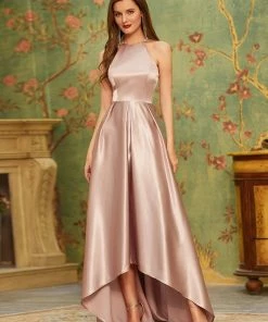 Ever-Pretty US SHOP BY OCCASION Romantic Satin Halter Neck High Low Pleated Prom Dress