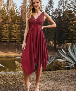Ever-Pretty US Deep V-Neck Lace Chiffon Bridesmaid Dress With Asymmetrical Hem