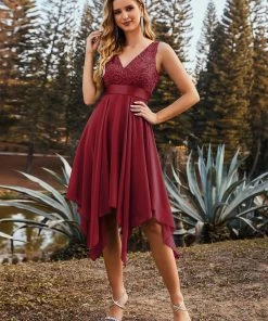 Ever-Pretty US Deep V-Neck Lace Chiffon Bridesmaid Dress With Asymmetrical Hem