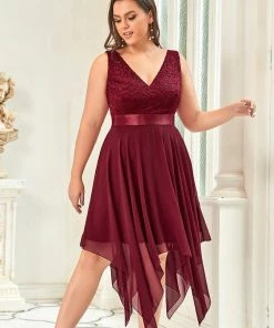 Ever-Pretty US Deep V-Neck Lace Chiffon Bridesmaid Dress With Asymmetrical Hem
