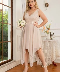 Ever-Pretty US Deep V-Neck Lace Chiffon Bridesmaid Dress With Asymmetrical Hem