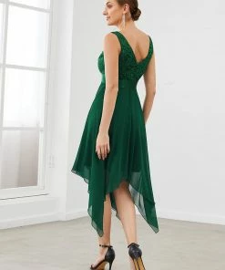 Ever-Pretty US Deep V-Neck Lace Chiffon Bridesmaid Dress With Asymmetrical Hem