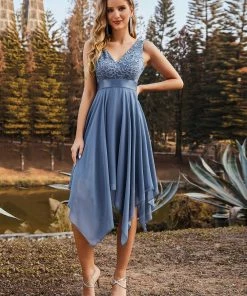 Ever-Pretty US Deep V-Neck Lace Chiffon Bridesmaid Dress With Asymmetrical Hem
