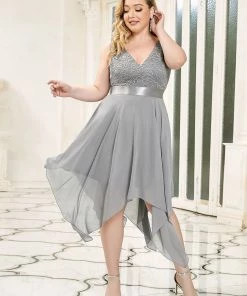Ever-Pretty US Deep V-Neck Lace Chiffon Bridesmaid Dress With Asymmetrical Hem