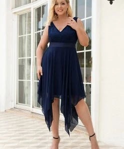 Ever-Pretty US Deep V-Neck Lace Chiffon Bridesmaid Dress With Asymmetrical Hem