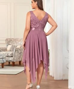 Ever-Pretty US Deep V-Neck Lace Chiffon Bridesmaid Dress With Asymmetrical Hem