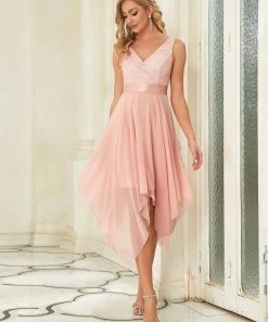 Ever-Pretty US Deep V-Neck Lace Chiffon Bridesmaid Dress With Asymmetrical Hem
