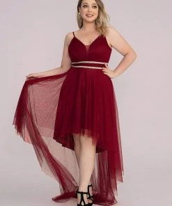 Ever-Pretty US Plus Size V Neck High-low Hem Pleated Tulle Prom Dress