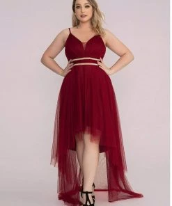 Ever-Pretty US Plus Size V Neck High-low Hem Pleated Tulle Prom Dress