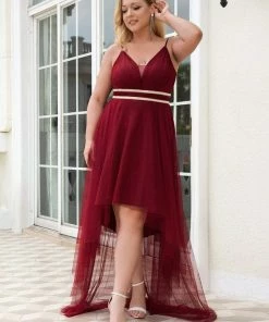 Ever-Pretty US Plus Size V Neck High-low Hem Pleated Tulle Prom Dress