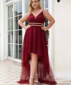 Ever-Pretty US Plus Size V Neck High-low Hem Pleated Tulle Prom Dress