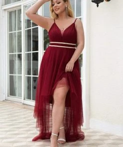 Ever-Pretty US Plus Size V Neck High-low Hem Pleated Tulle Prom Dress