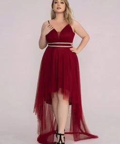 Ever-Pretty US Plus Size V Neck High-low Hem Pleated Tulle Prom Dress