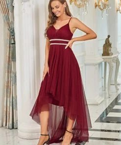 Ever-Pretty US V Neck High-low Hem Pleated Tulle Prom Dress Prom Dresses