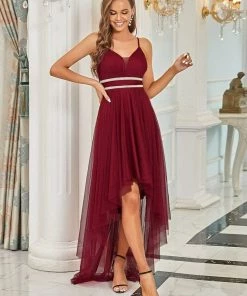 Ever-Pretty US V Neck High-low Hem Pleated Tulle Prom Dress Prom Dresses