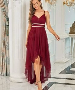 Ever-Pretty US V Neck High-low Hem Pleated Tulle Prom Dress Prom Dresses