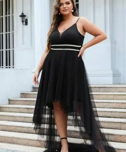 Ever-Pretty US Plus Size V Neck High-low Hem Pleated Tulle Prom Dress