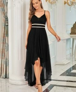 Ever-Pretty US V Neck High-low Hem Pleated Tulle Prom Dress Prom Dresses