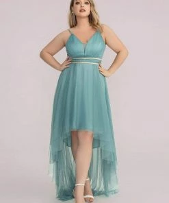 Ever-Pretty US Plus Size V Neck High-low Hem Pleated Tulle Prom Dress
