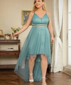 Ever-Pretty US Plus Size V Neck High-low Hem Pleated Tulle Prom Dress